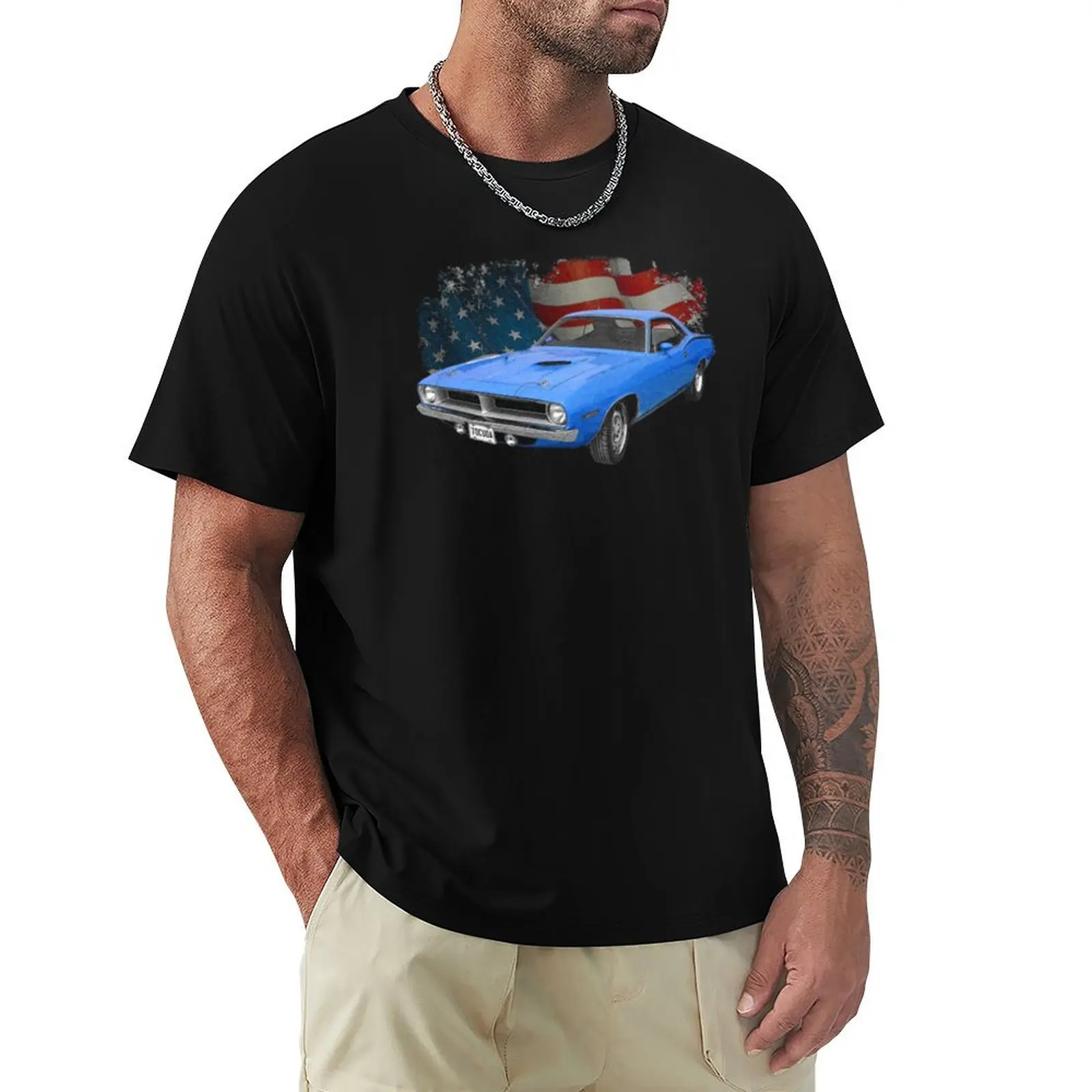 1970-Plymouth Cuda Blue Flag, классическая футболка унисекс для парней, базовые новые футболки с графикой, женская хлопковая футболка с принтом для подростков, потрясающая футболка Pri