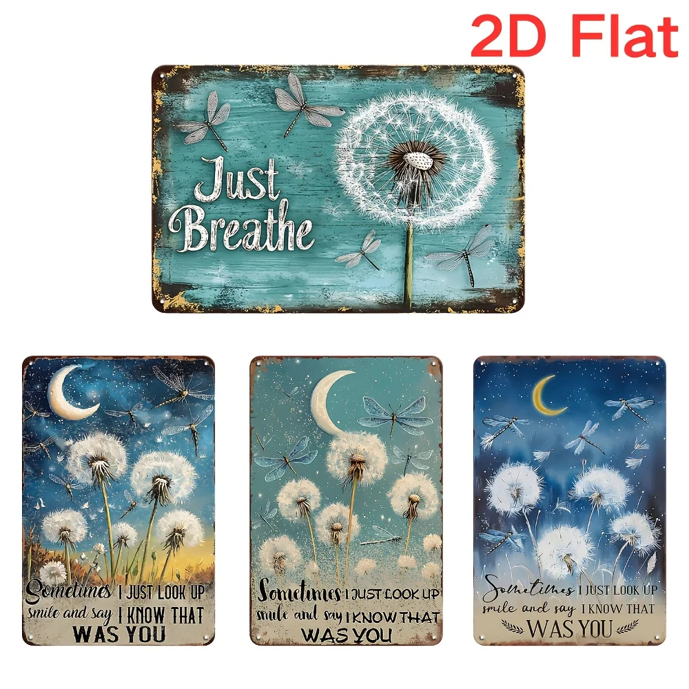 2D Flat, 4pcs 2D Flat Dandelion Vintage Metal Tin Sign Rust-Proof Wall Art For Home, Bar, Cafe & Outdoor Decor