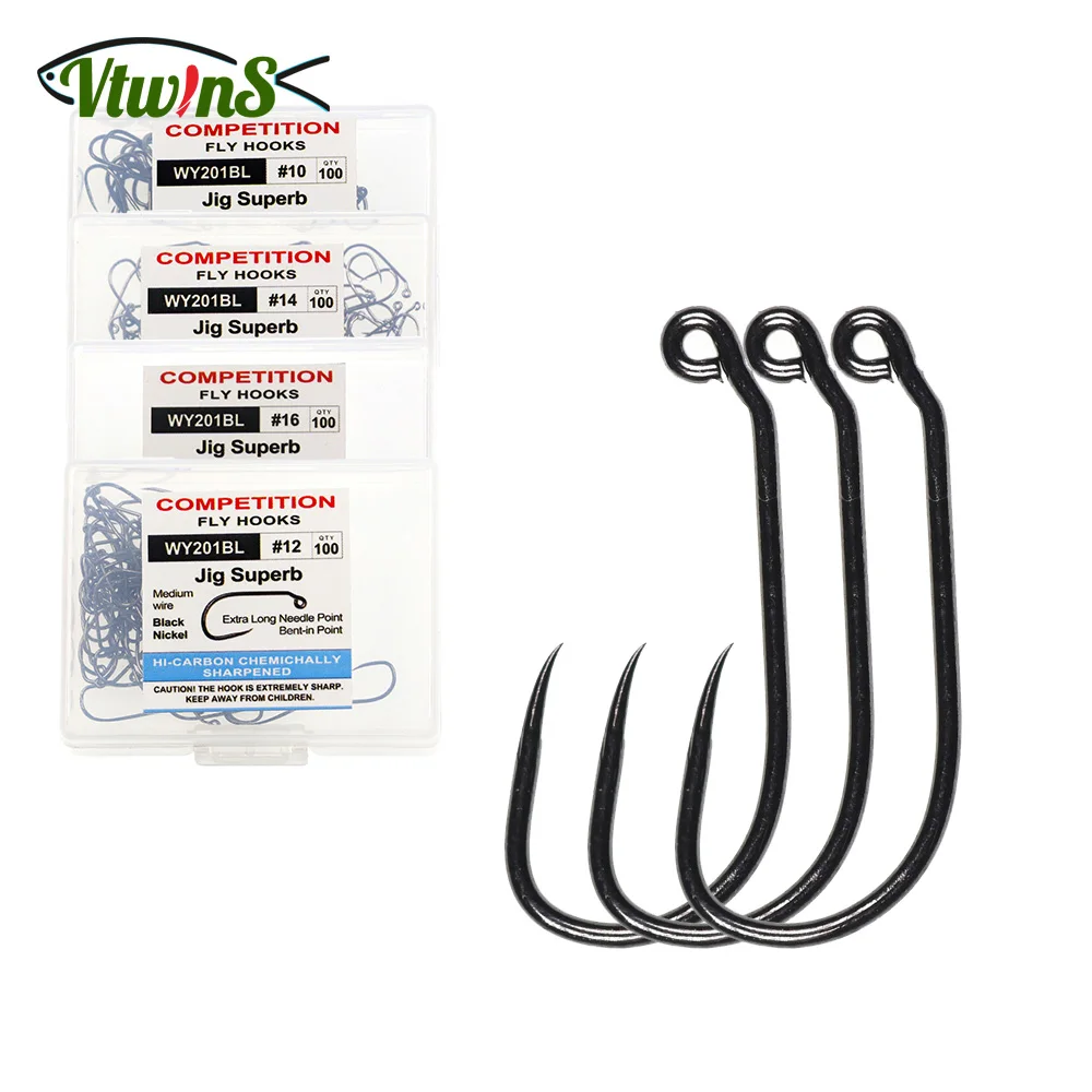 Vtwins 100PCS/Box Fishing Hooks Coating High Carbon Steel Jig Nymph Black-nickel Finish Barbless 60-degree Eye Forged Trout Hook