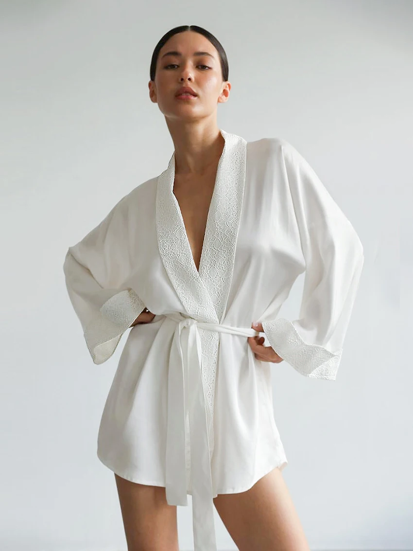 

Marthaqiqi Casual Female Nightgowns Lace Up Robe Long Sleeve Bathrobe Sexy V-Neck Sleepwear Mini Dress White Loose Home Clothes