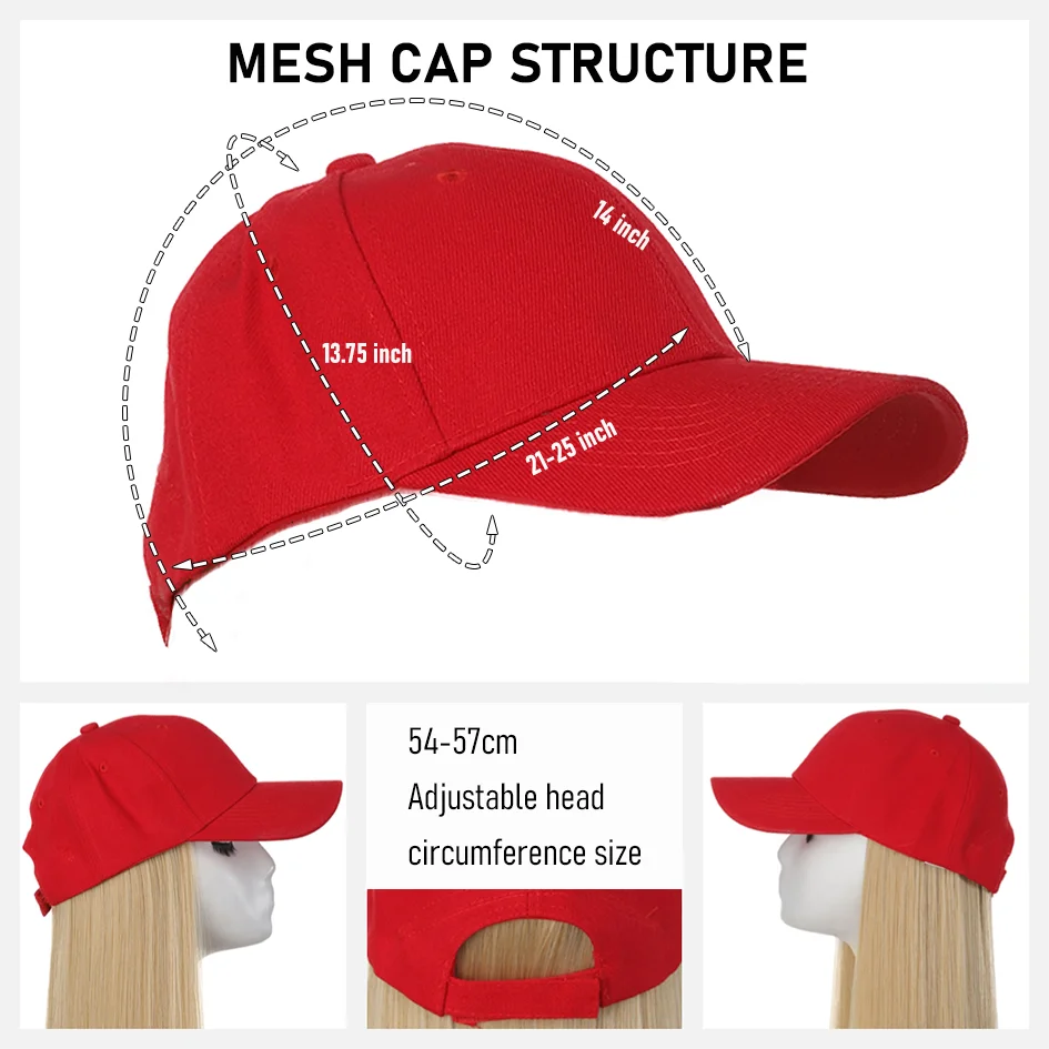 Hutperücken-synthetische 22 Zoll rote Baseballkappe glattes Haar Perücke Entenschwanz lange glatte Haare Perücke Hutverlängerungen Perücken Weihnachtsmütze