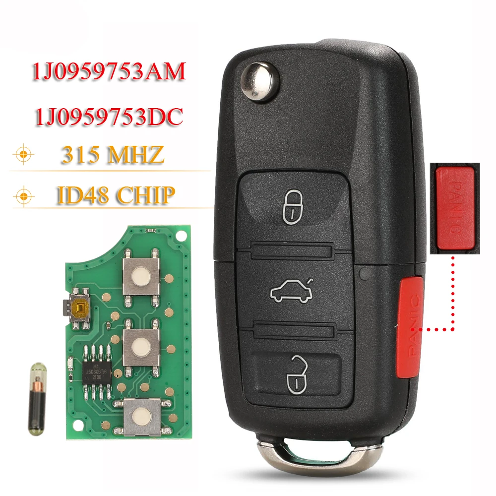 

jingyuqin 4Buttons Remote Car Key Fob 315Mhz ID48 1J0959753AM 1J0959753DC For VW Beetle Golf Passat Jetta 5FA008399-30 2000-2006