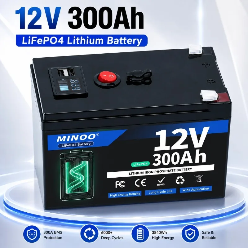 LiFePO4 12V 300AH 12V 200AH Battery Free Charger 12V Lithium Battery Built-In 300A BMS 6000+ Cycle Foat Fast Ship From EUr Bo