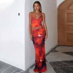 2025 Stunning Panelled Print 2 Piece Set Women Hipster Sexy Low Neck Slim Camisoles+High Waist Maxi Skirts Female Attirewear