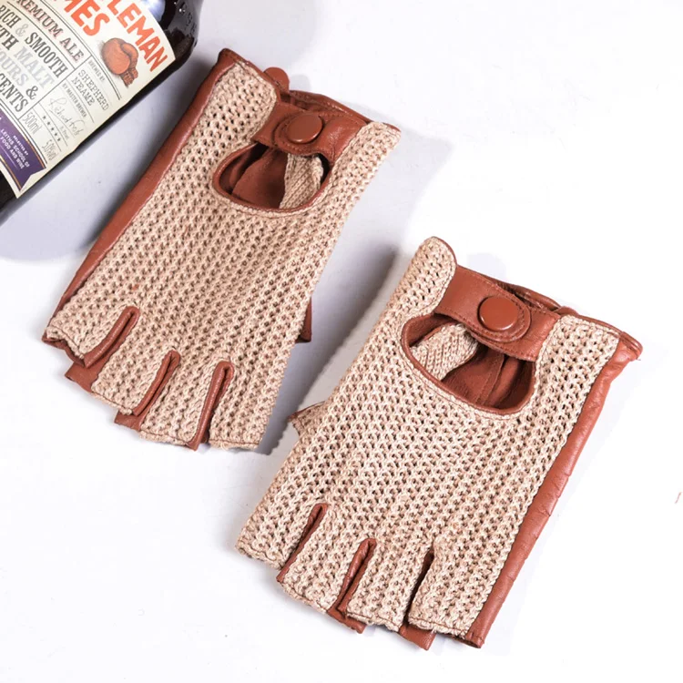 Men's Genuine Leather Unlined Retro Snap-fastener Fingerless Semi-finger Tactical Driving Riding Punk Rock Short Gloves Mitts