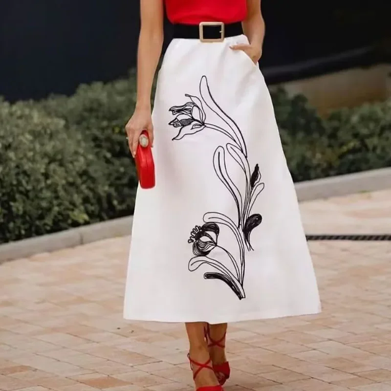 Women\'s 2024 Summer Vintage Midi Skirt New Fashion Casual A-Line with Contrast Embroidery Side Pockets Autumn Style for Female