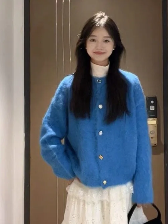 Prachtige blauwe lange Sve gebreide trui jas dames Faion vroege herfst unieke mooie casual losse pasvorm ronde ne zingen...