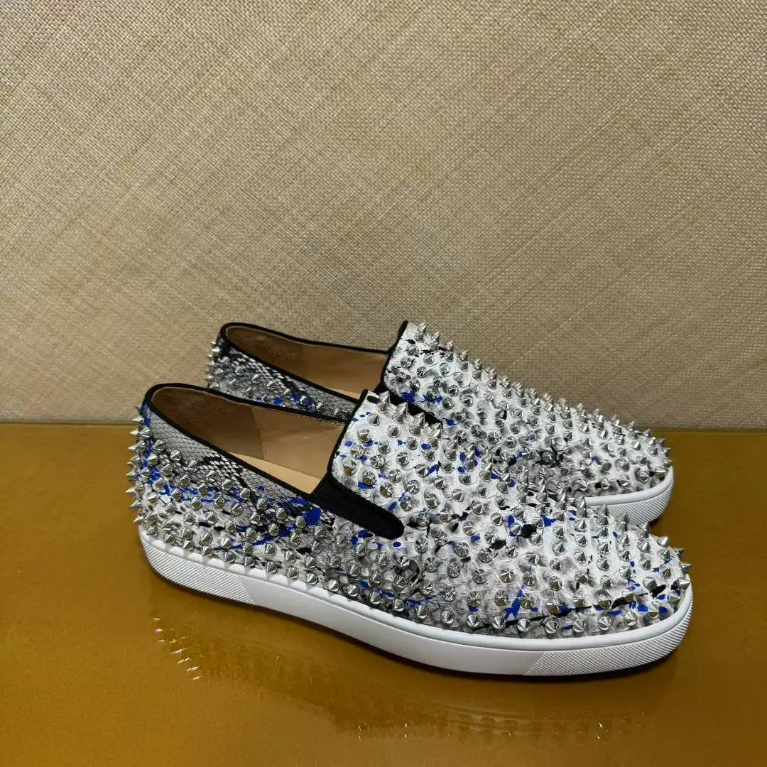 Men Luxury Blue Snake Block Spiked Sneakers  Silver Rivets Slip On Patchwork Daily Streetwear Red Bottom Flat Footwear Shoes