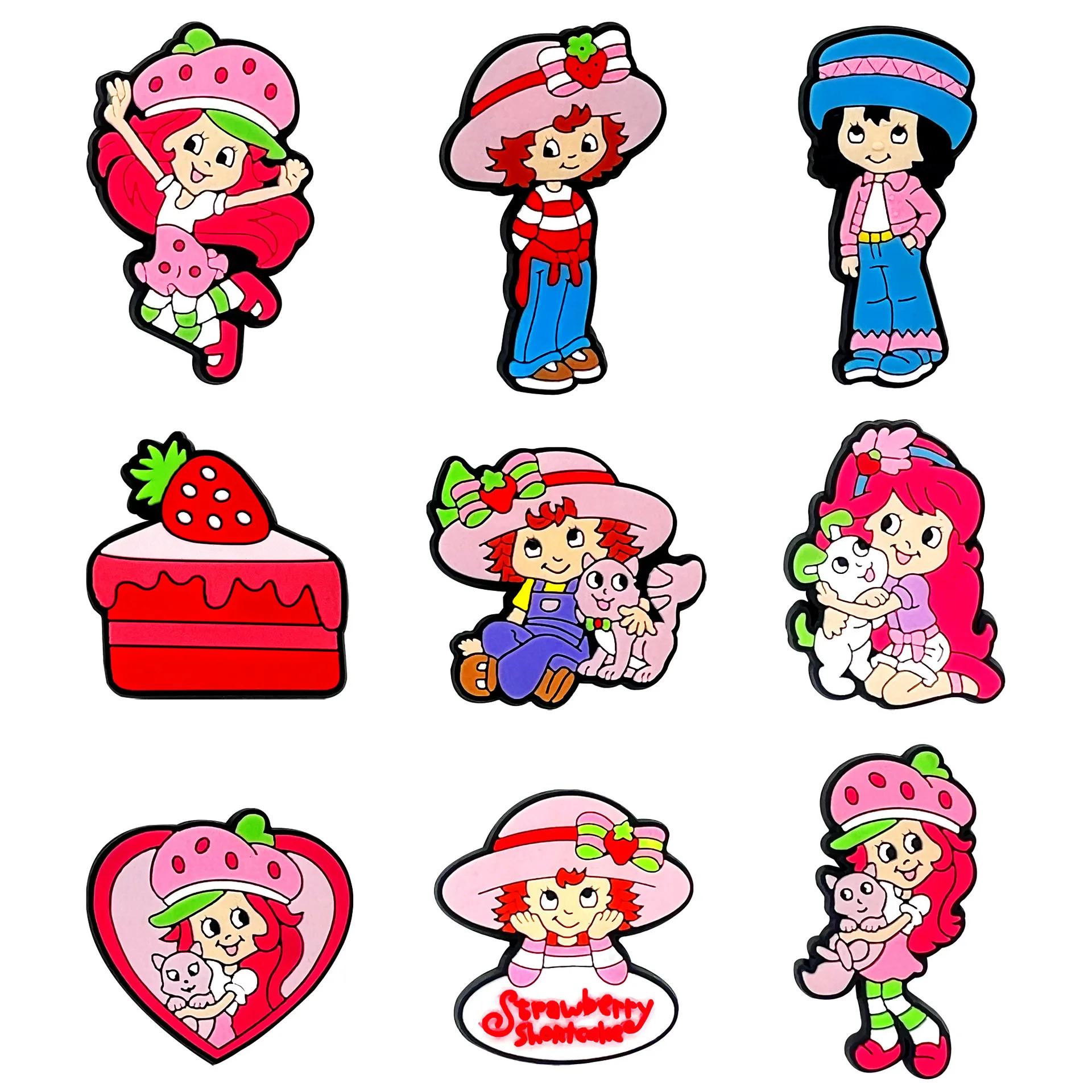 9-teiliges Set mit niedlichen rosa Erdbeer-Mädchen-Schuhanhängern, Kuchen-, Katzen- und Herzmuster, abnehmbare PVC-Dekorationen, DIY-Zubehör für Clogs mit Löchern