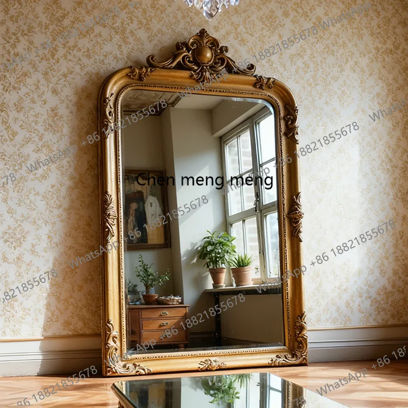 

French light luxury carved full body mirror retro porch wall hanging diagonally against the wall European dressing floor mirror