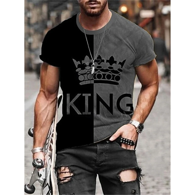 

Fashion Men T-Shirt 3D King Letter Print Short Sleeves Streetwear Daily Top Men Vintage Sportswear Loose Oversized Y2k Clothes