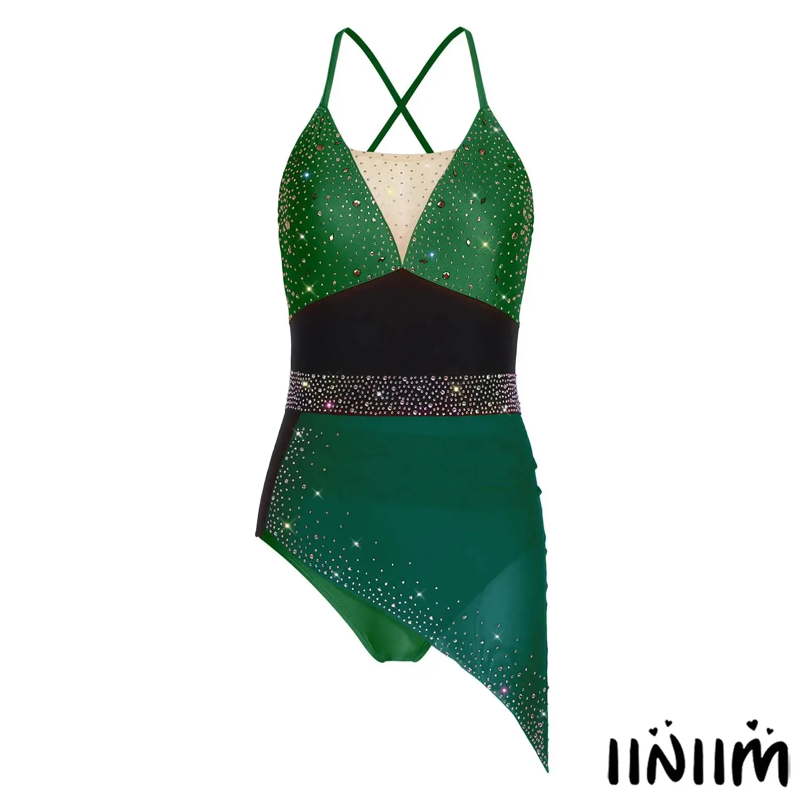 

Womens Salsa Latin Dance Bodysuit Outfit Glittery Rhinestone Ruched Irregular Mesh Overlay Jumpsuit Gymnastics Ballerina Costume