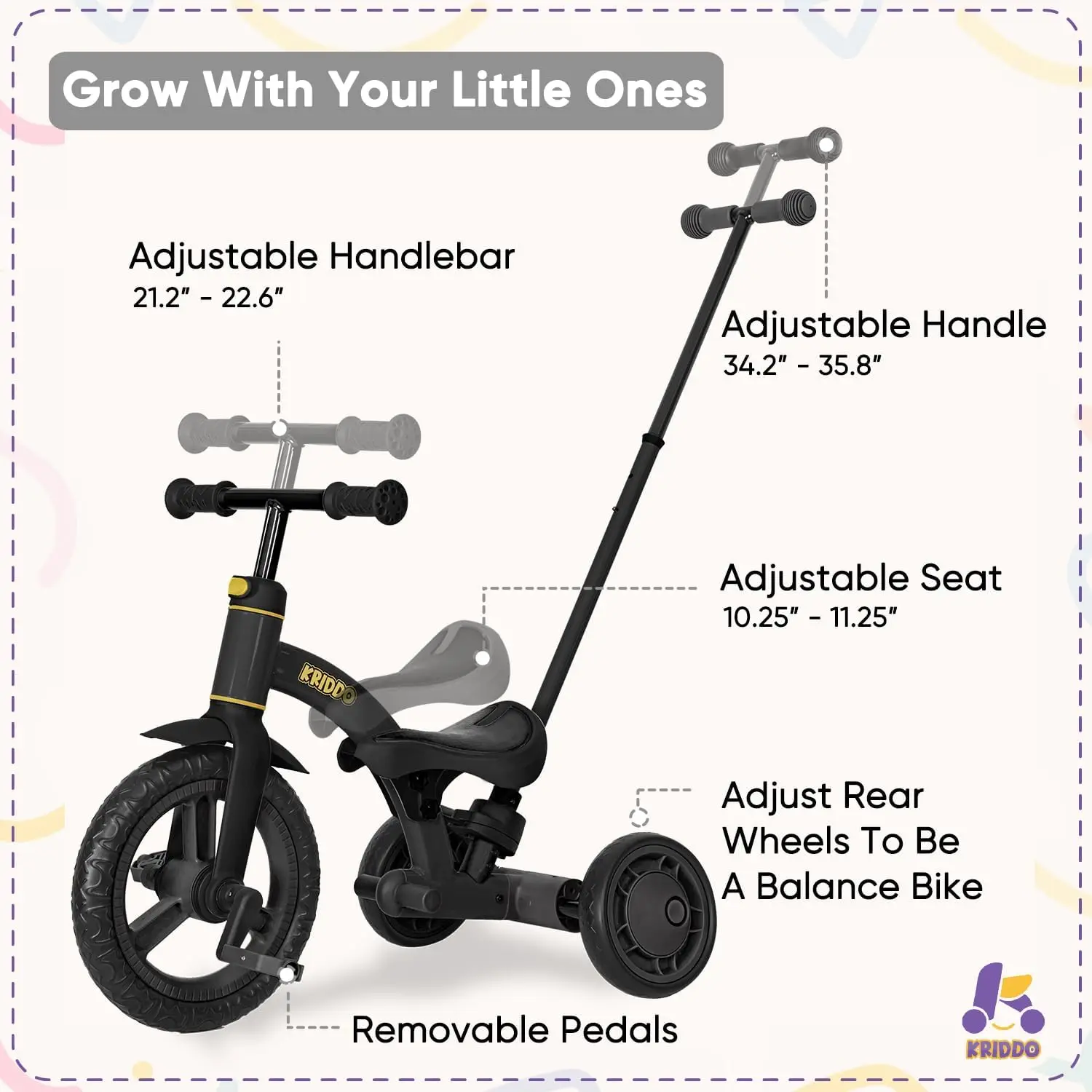 4-in-1 Kids Tricycle for 1.5 to 3 Yea Old with Parent Steering Push Handle, 12 Inch Front Wheel Trike, Toddler Balance Bike for