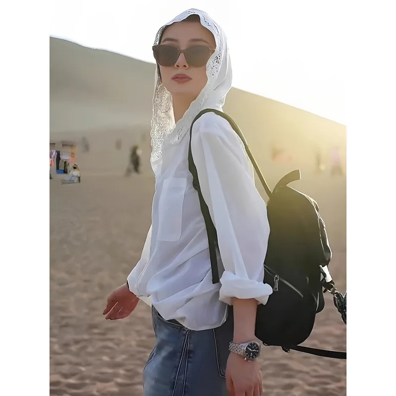 

Элегантная кружевная рубашка с капюшоном, женская, с длинным рукавом, модная, трансграничная верхняя одежда, устойчивая к деформации, Весна 2026
