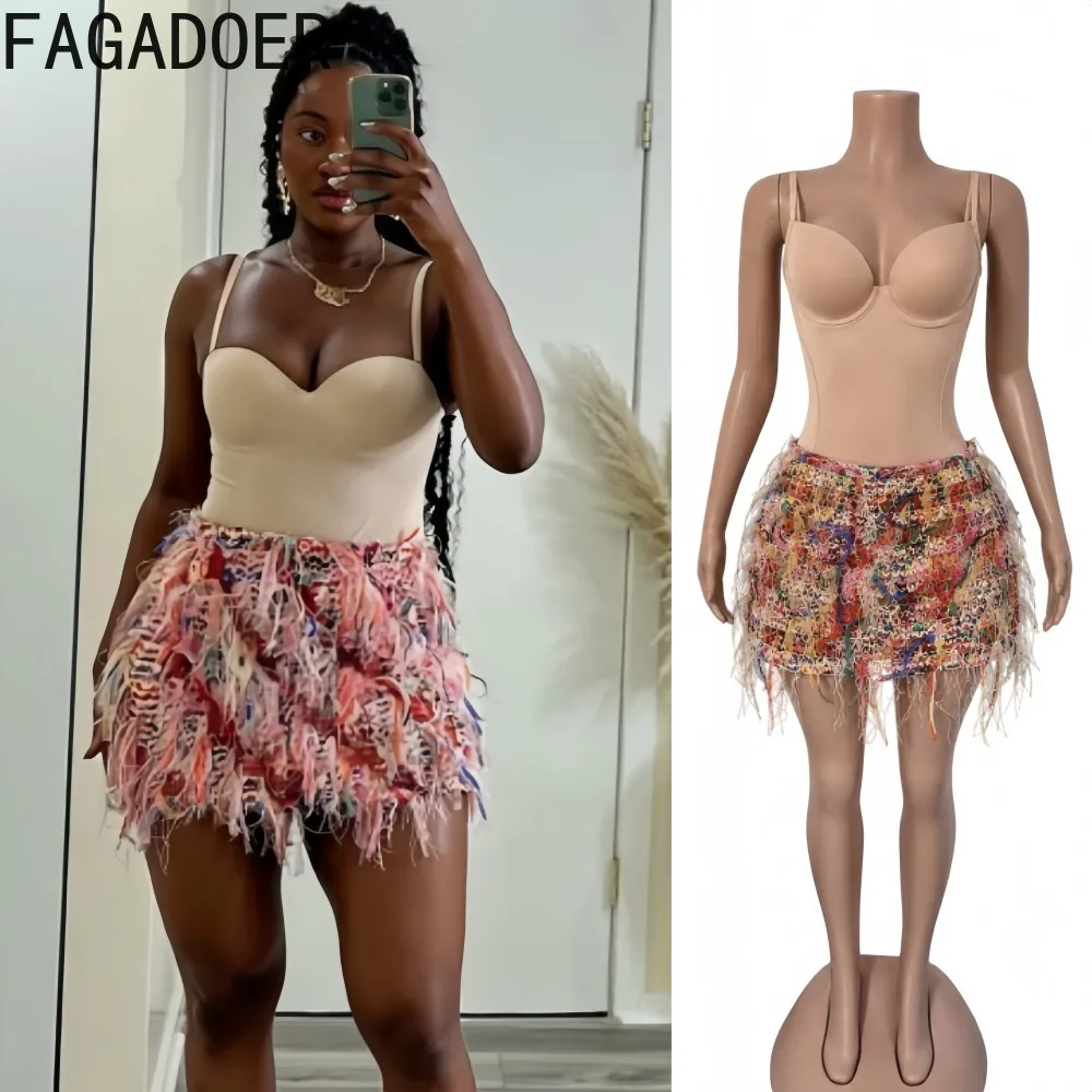 FAGADOER Women Sexy Two Piece Set Spaghetti Strap Bodycon Bodysuit Colorful Fringe Mini Skirt Party Clubwear Outfit