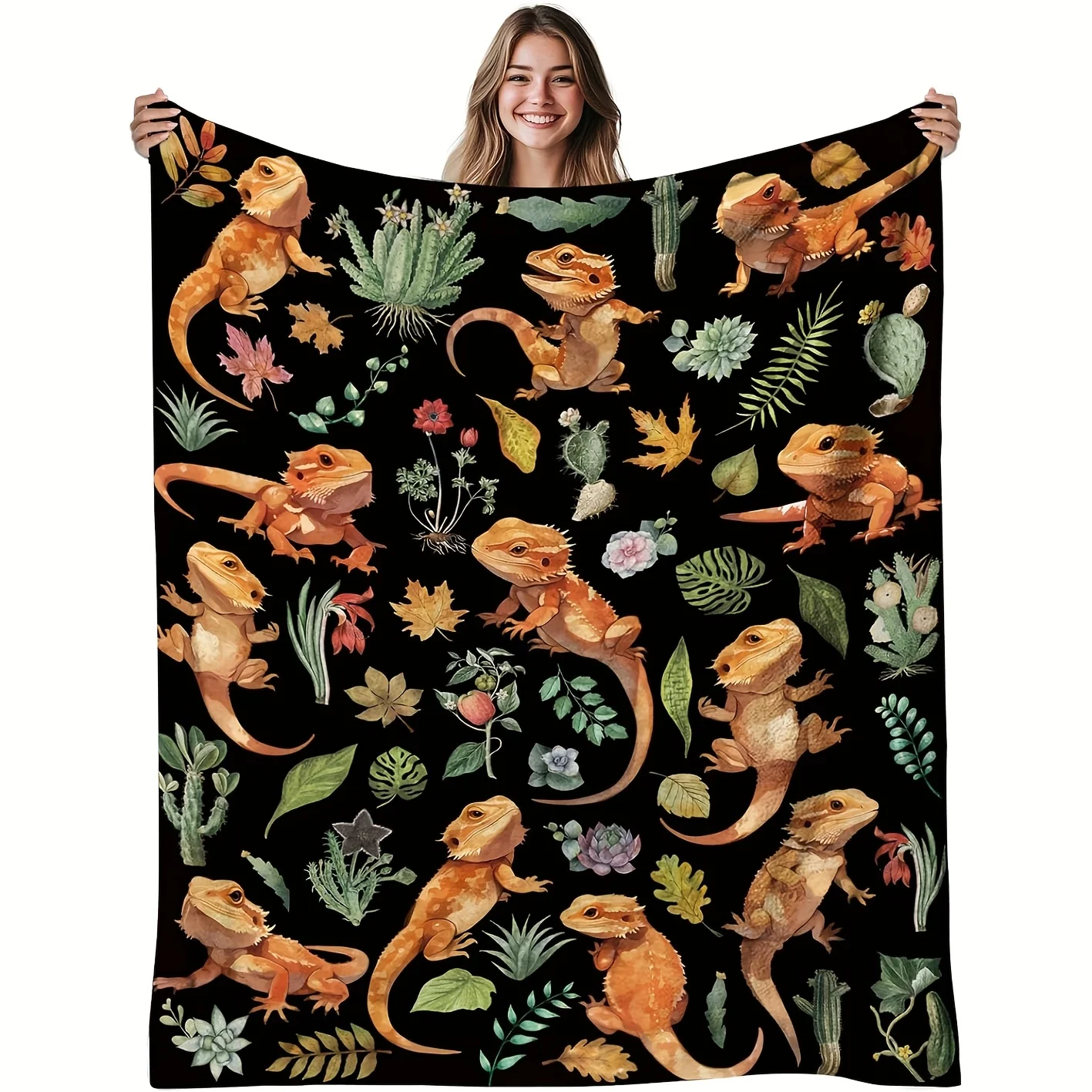 Bearded Dragon Print Throw Blanket, Soft Cozy Reptile Lover Gift for Kids & Adults, Lightweight Sofa Bed Blanket