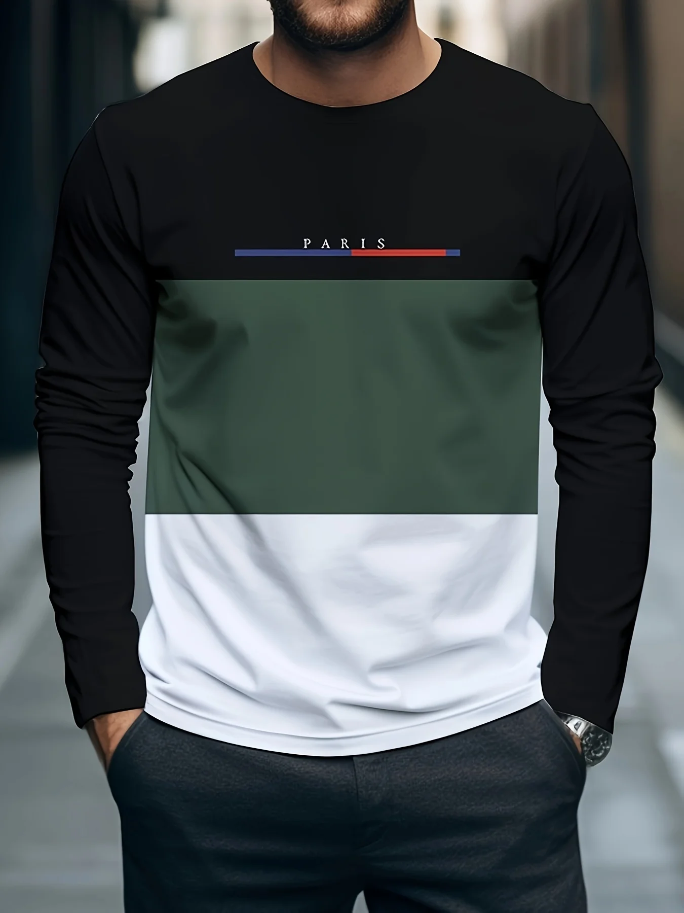 Men's printed casual long-sleeve shirt, street-style trendy fashion T-shirt, breathable, versatile for outdoor wear, loose fit.