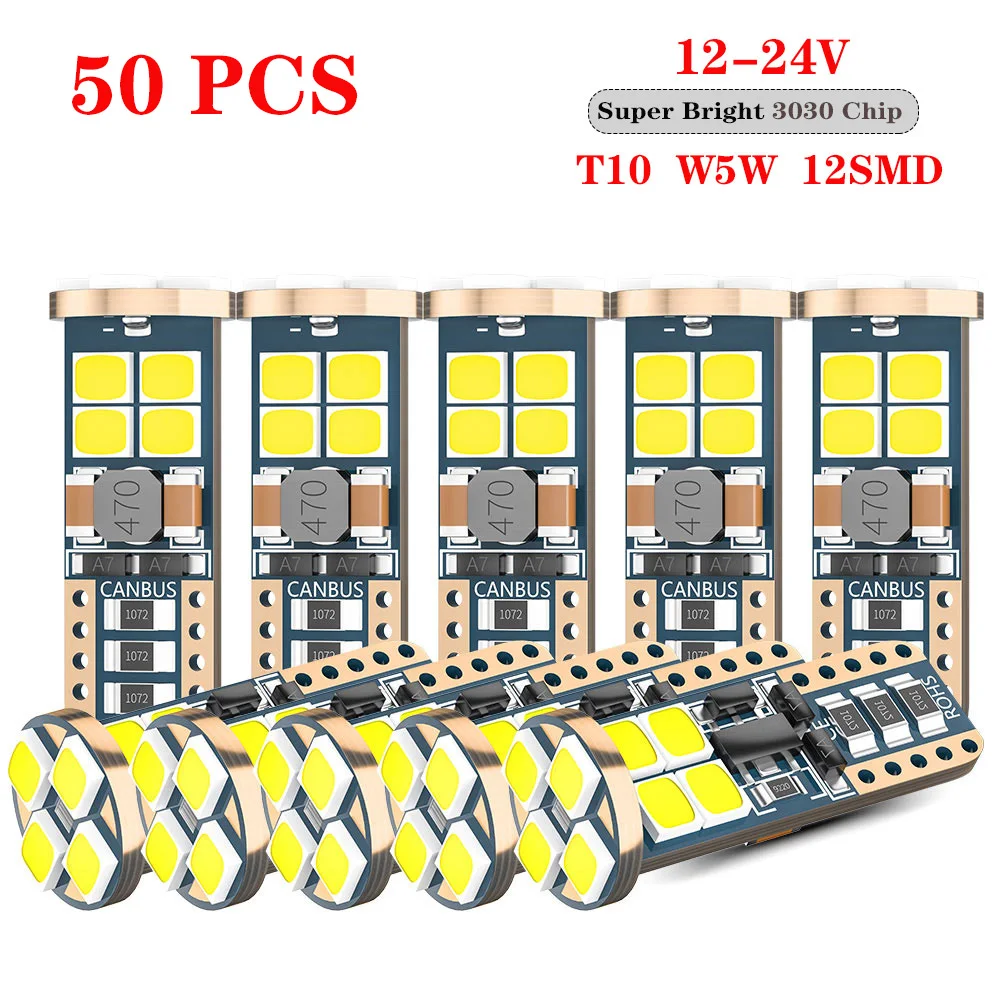 

DXZ 50PCS Canbus W5W T10 LED Bulbs 12-SMD 12V/24V 6500K White 194 168 Car Interior Map Dome Lights Parking Light Auto Lamp 4W