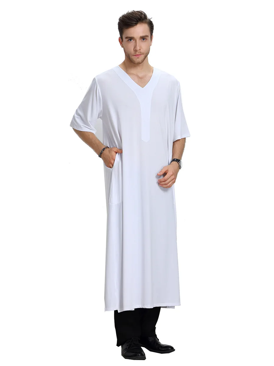 Morocco Mens Solid Color Robes Saudi Style Jubba Thobe Man Vintage Short Sleeve V Neck Muslim Arabic Dubai Islamic Clothing