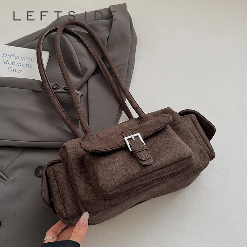 

LEFTSIDE Vintage Small PU Leather Faux Suede Shoulder Bags for Women Tote Bag 2025 Winter Luxury Trend Handbags and Purses