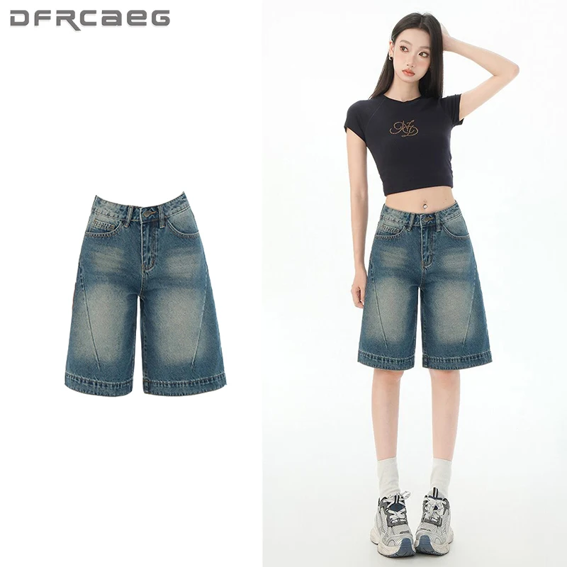 

Джинсовые шорты женские, лето 2025, с высокой талией, рваные широкие свободные короткие джинсы, женские модные полушорты в корейском стиле, женские