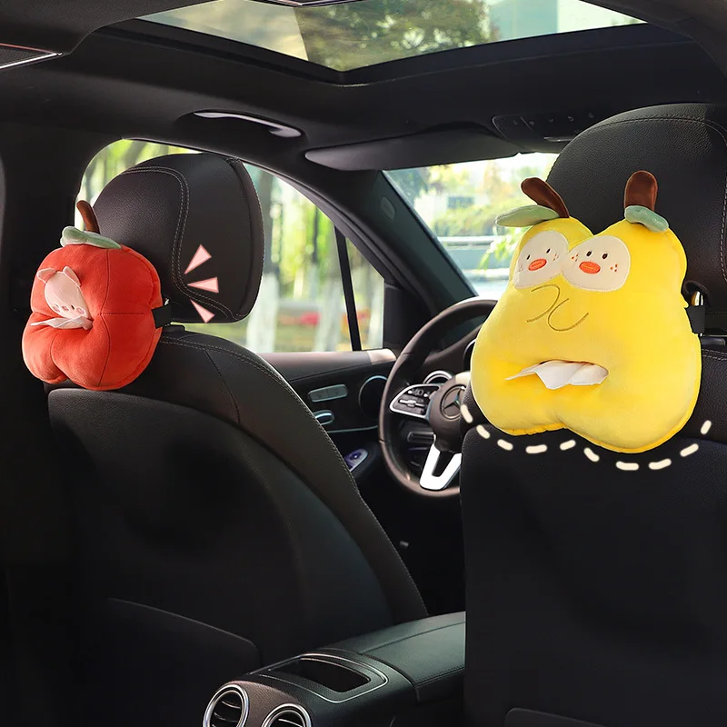 Cartoon Car Tissue Box Holder Cute Short Plush Pear Auto Seat Back Bracket Auto Armrest Box Paper Nakpin Storage Bag Decorations