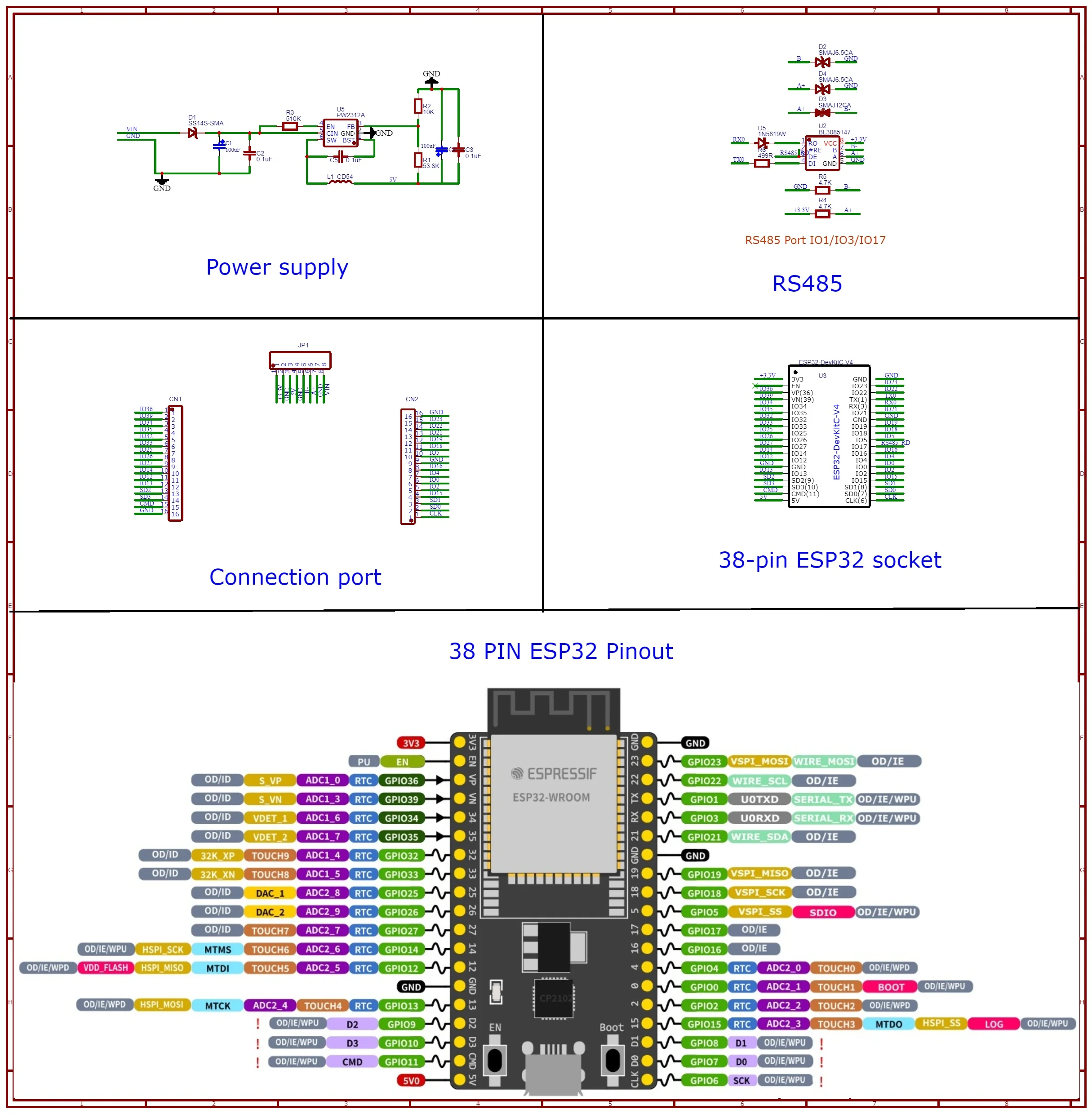 ESP32 DevkitC V4 RS485 DIN Expansion Board, 38PIN 2.4GHz WiFi BLE IoT Remote IO Development Board, 7-30V Wide Range Power Input
