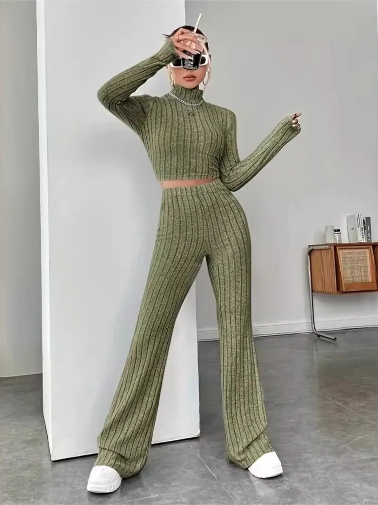 Fashionable Knitted Long-sleeved Turtleneck Sexy Waist Suit Spring Women\'s Hoodie Loose Long-sleeved Trousers Two-piece Set