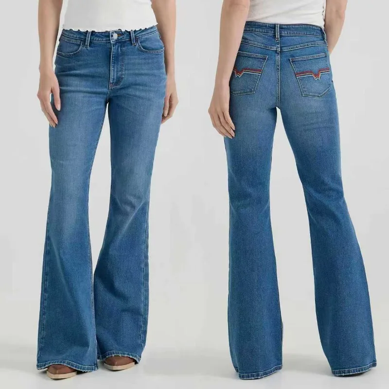 Damen Four Seasons New Fashion Denim Hoch taillierte Schlaghose, einfache und bequeme elastische bestickte Temperamentjeans