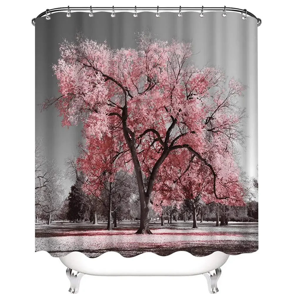 Pink Castle Shower Curtain for Kids, Spring Flower, Park, Forest, Road Landscape, Scenic Bathroom, Decor Set with Hooks