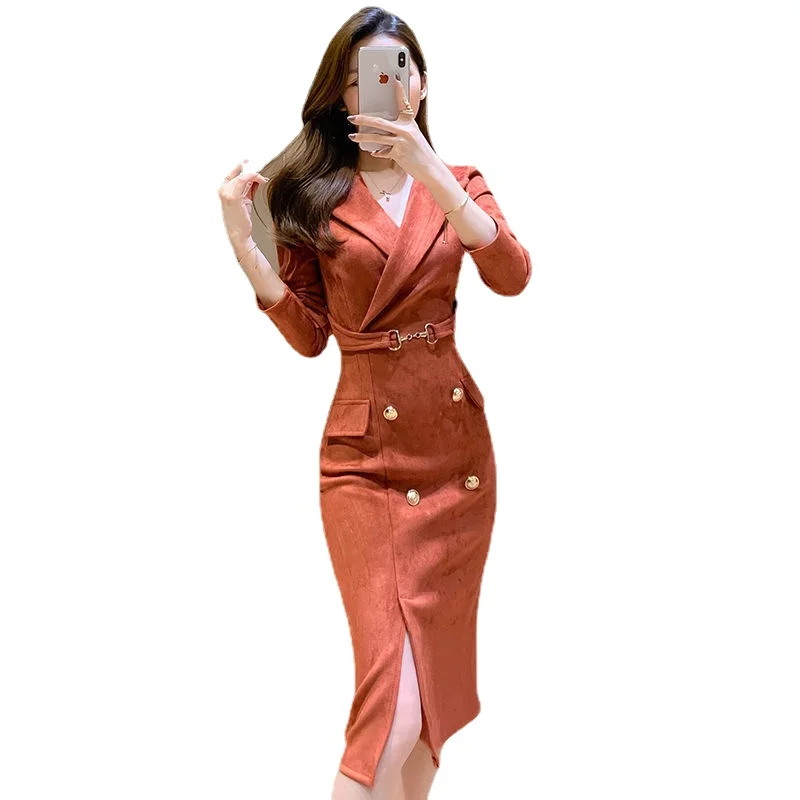 

Autumn and winter 2022 new one-piece dress, suit collar, long sleeve, slim fitting mid hip skirt