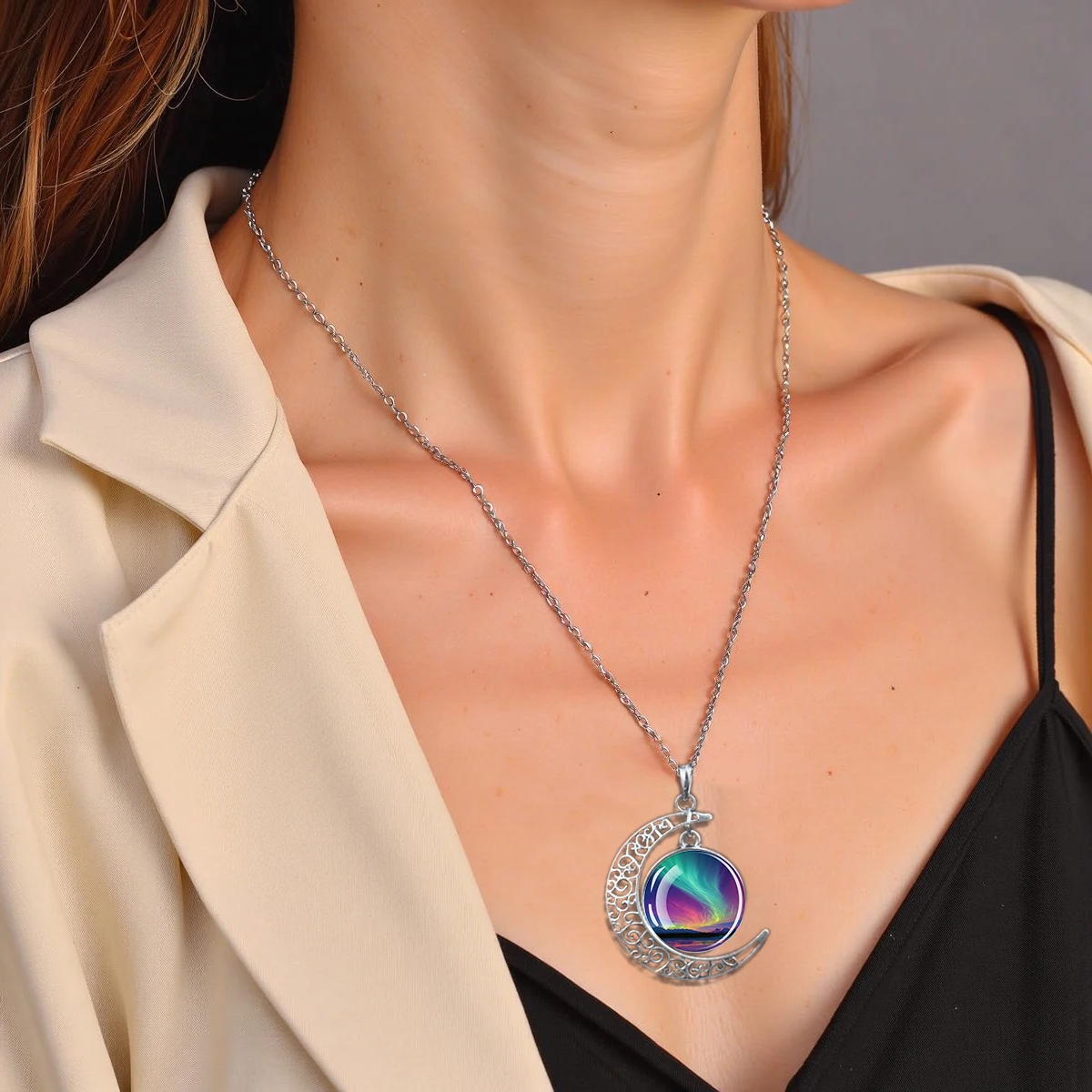 Aurora Borealis Couple Necklace – Romantic Jewelry with Luminous Glass Dome Pendant, Lucky Astronomy-Gift for Christmas