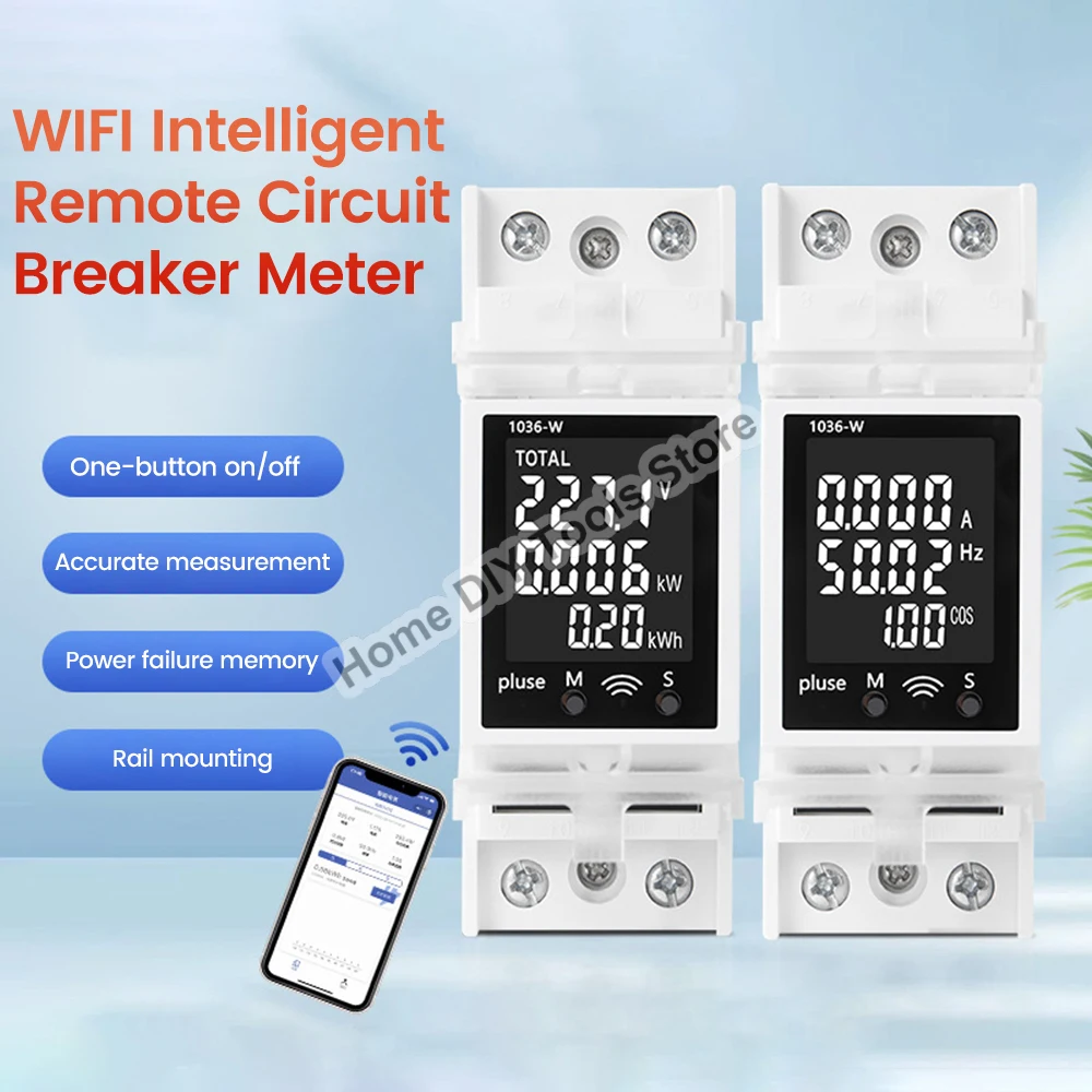 APP WiFi Din Rail Power Monitor Wattmeter Voltmeter Ampermeter Digital Energy Meter Over Under Voltage Protector Relay Switch