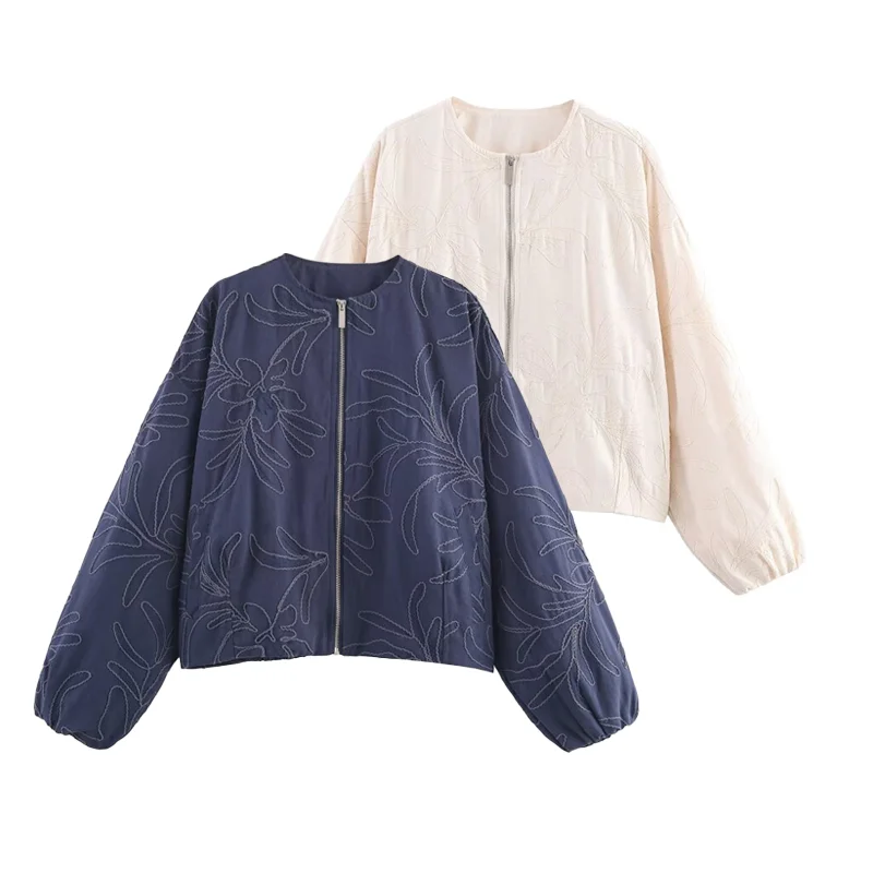 Women's Spring Casual Jacket with Subtle Embroidery Two Colors Available Round Neck Zip Up Lantern Sleeve Lightweight Outerwear