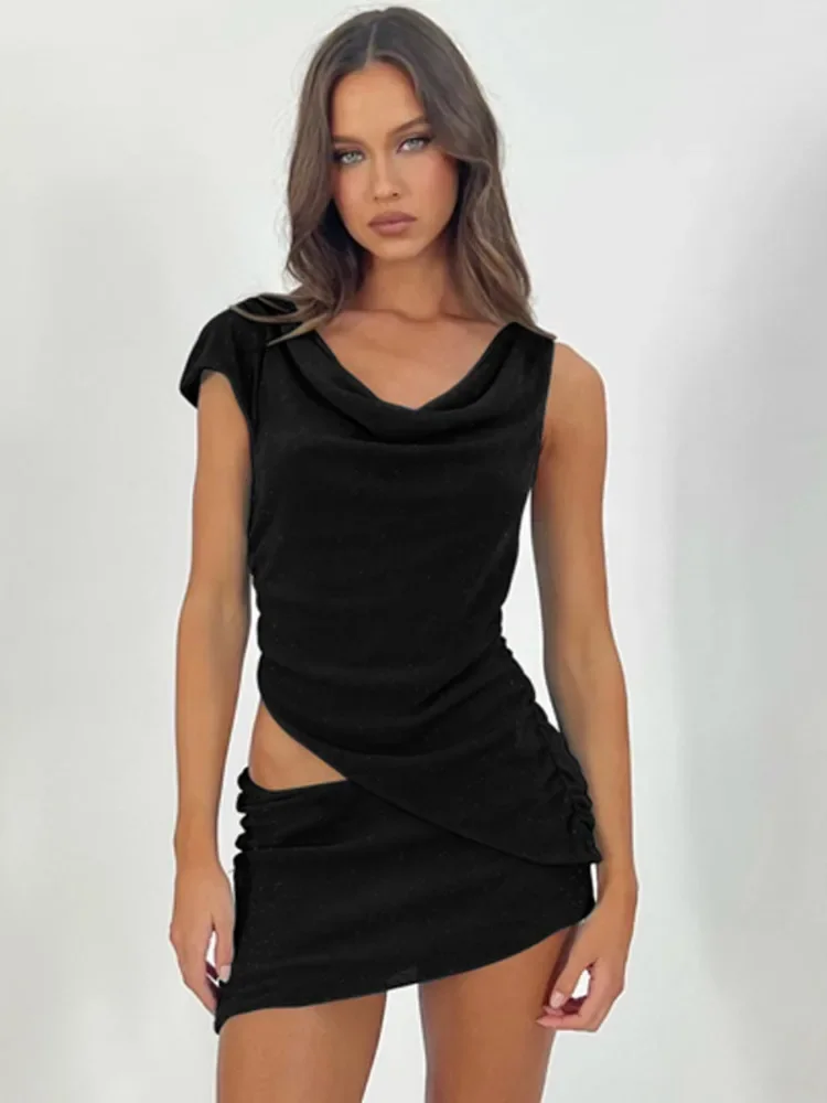 Sexy Skirt Two Piece Set For Women Skew Collar Backless Sleeveless Crop Tops And Mini Skirt Femme Fashion Skirt Sets