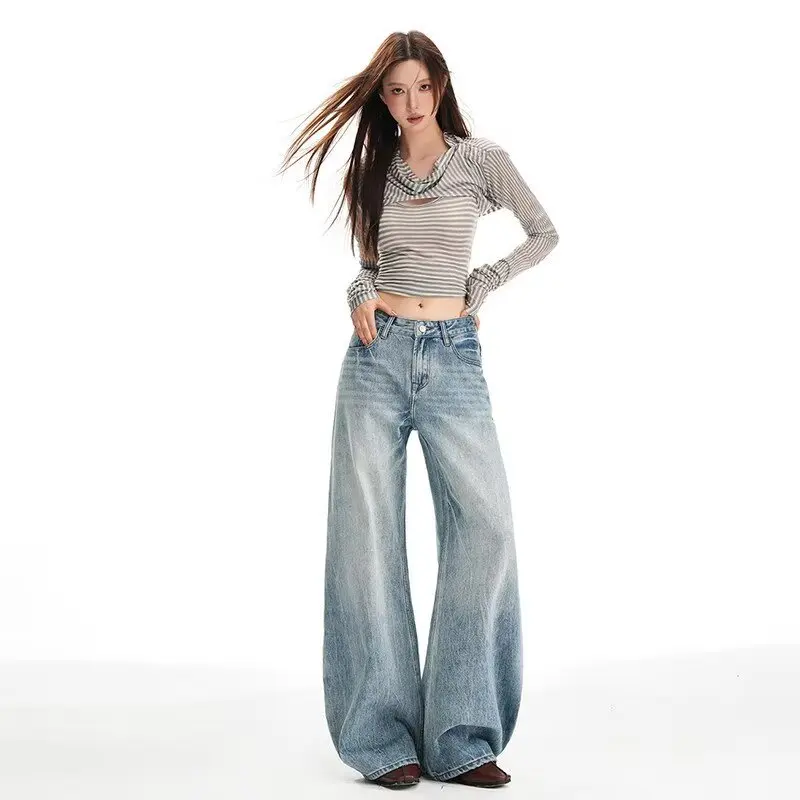 

American Retro Straight Jeans Women's 2026 Spring Loose Embroidery Drape Casual Wide-leg Mopping Pants