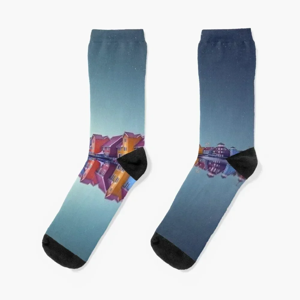 

Colored Houses Near To Lake Socks hockey gym sports and leisure Socks Men Women's