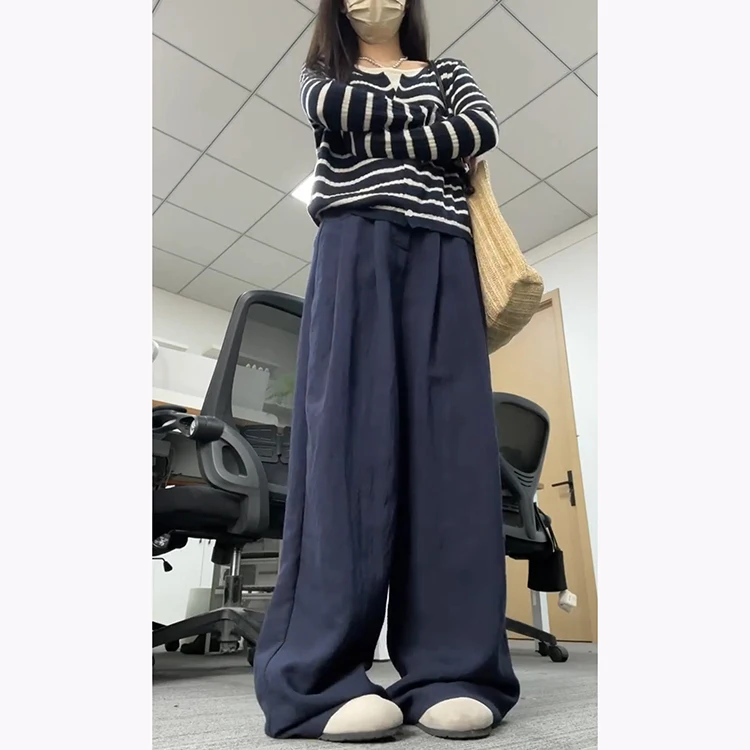 Casual losse damespakbroek hoge taille geplooide afslankende wijde pijpen Koreaanse Sle blauwe casual losse comfortabele broek
