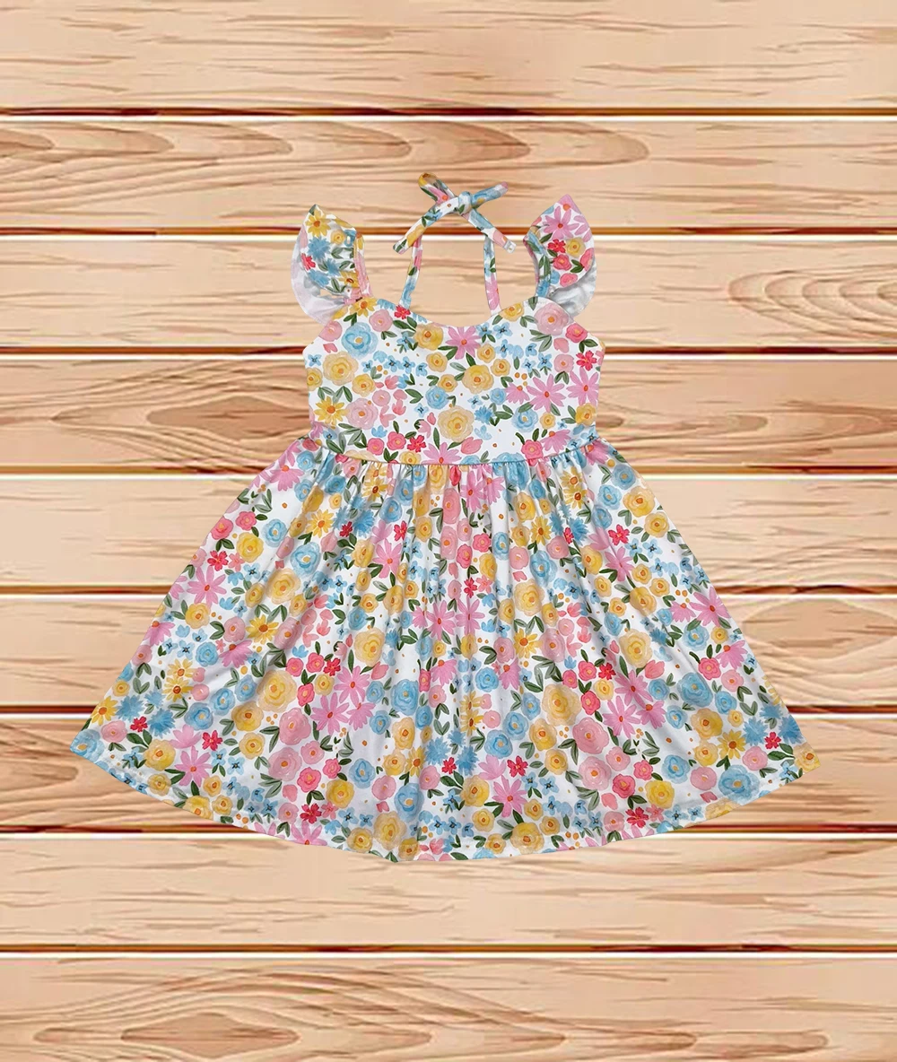 

4.17 Wholesale Western Boutique children clothing Baby Girls Flutter Sleeves Yellow Floral Backless Bow Knee Length Dresses