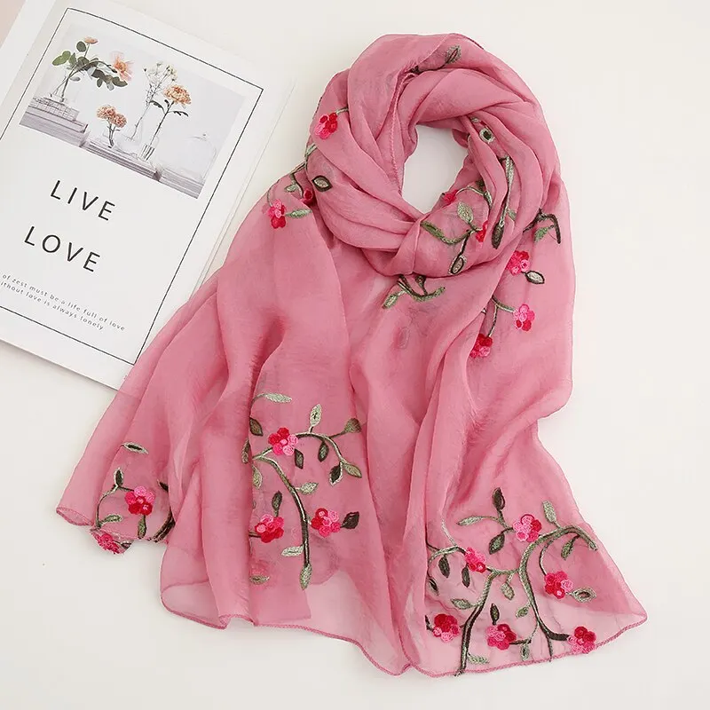 Fashion Floral Embroidery Chiffon Scarf Women Muslim Hijab Headscarf Soft Wraps Headband Summer Sunscreen Shawls180*75cm