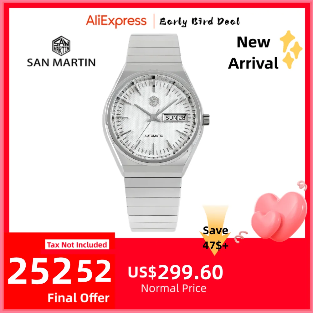 

San Martin 37mm Automatic Watch For Men Waterproof Watches Mechanical Wristwatch Day Date Display ST2100 Luxury мужские SN0102