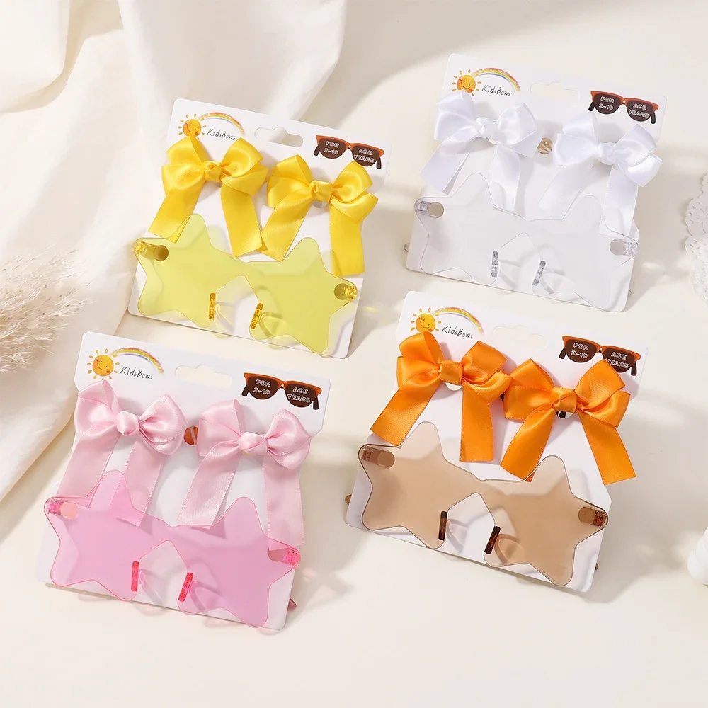 Kids Fresh Hair Accessories Clips Glasses Set for Baby Girl Cheer Bow Ribbon Hairpins Fashion Peaches Sunglasses Hairgripes Gift