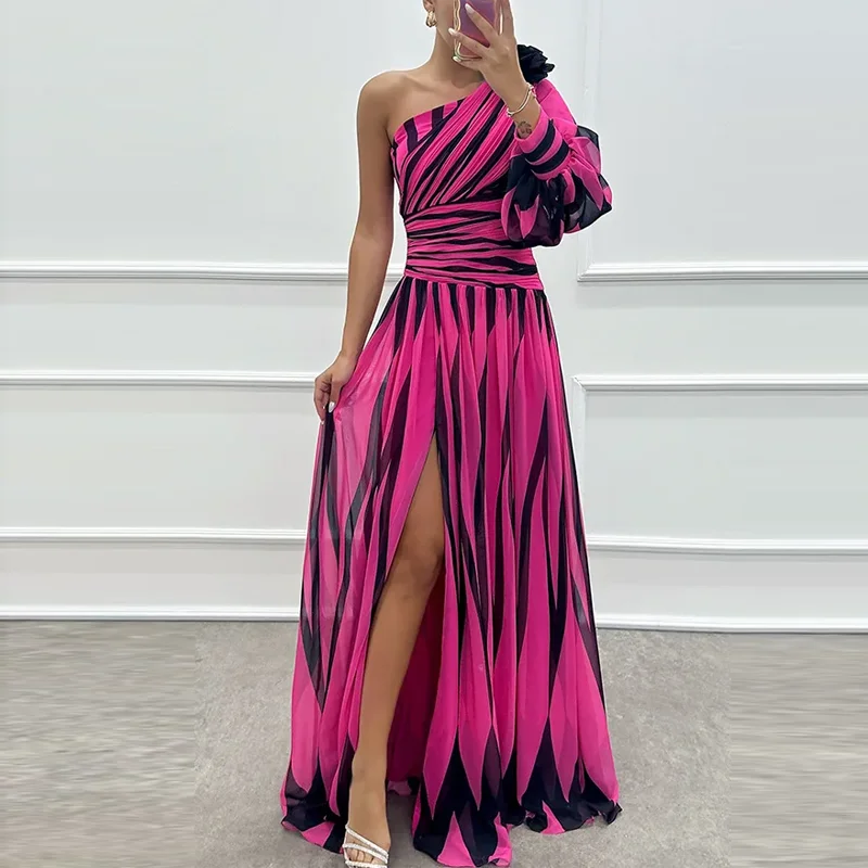 Sexy Elegant Diagonal Collar Off Shoulder Split-Side Party Evening Dress Spring Printed Striped Bohemian Long Dress Off Women\'s