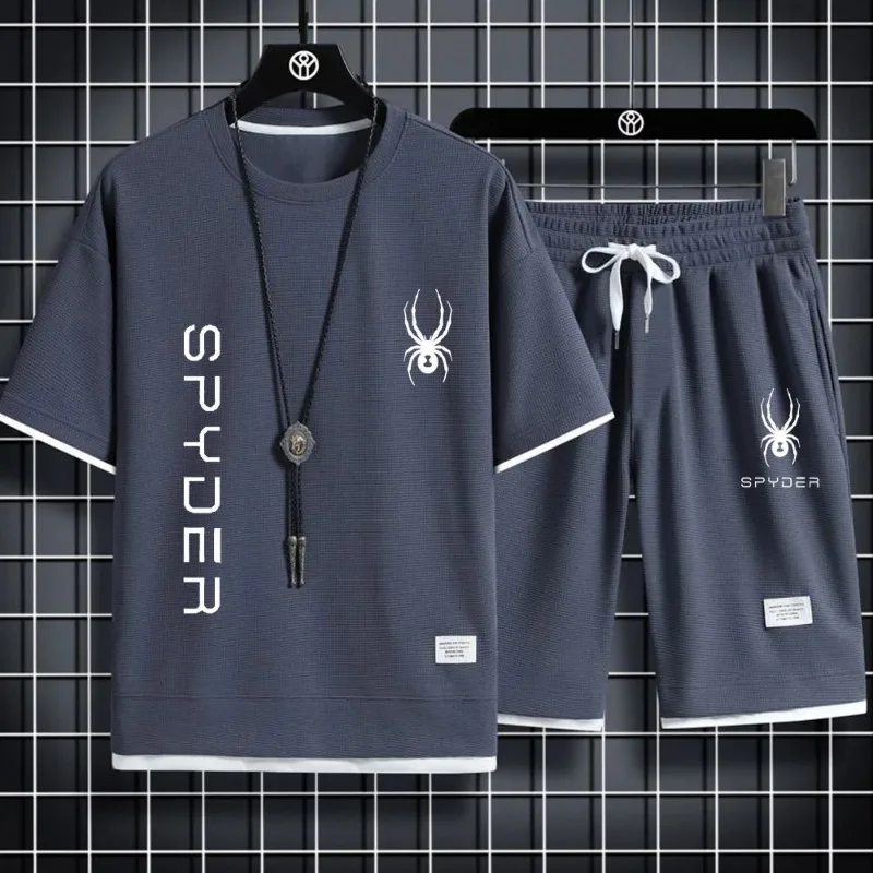 Spyder ชุดวอร์มผู้ชายแบบเกาหลีเสื้อยืดแขนสั้นและกางเกงกีฬาขาสั้นชุดลำลองฤดูร้อนชุดวิ่งชุดชุดสูทสองชิ้นผู้ชาย