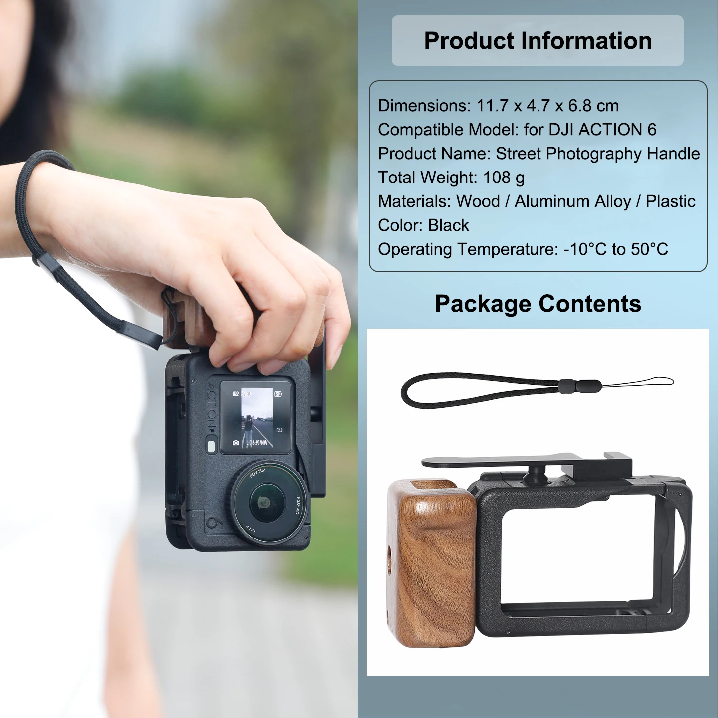 

Wood Aluminum Cage Grip for DJI Action 6 Ergonomic See Saw Shutter Quick Release Base with Lanyard
