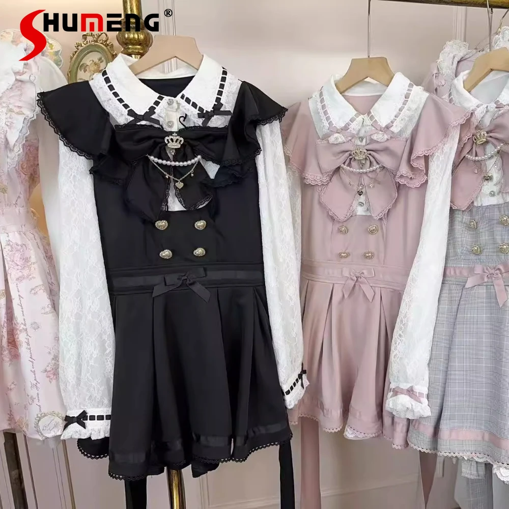 

Japanese Mines Style Lolita Sets Sweet Cute Heavy Industry Bow Long Sleeve Pleated Dress High Waist Shorts Two-Piece Set Women