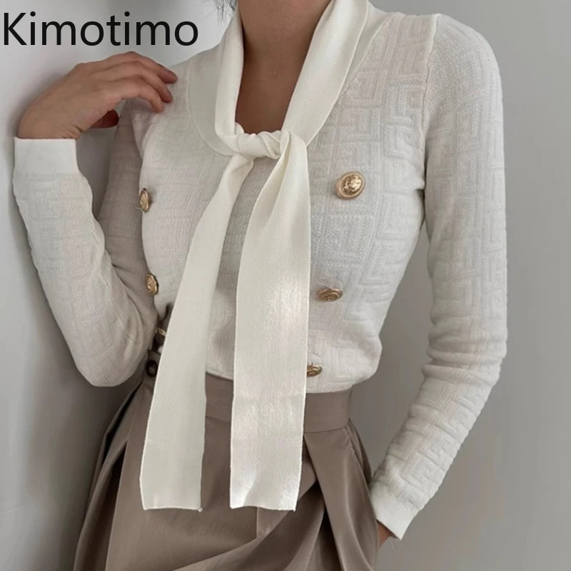 Kimotimo Autumn Gentle Ribbon Sweater Women Double Breasted Slim Long Sleeve Pullover Korean Fashion Design Office Knitted Tops