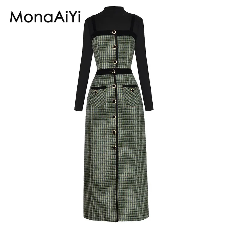 MonaAiYi 2023 New Fashion Runway Designer Women's Knitted elastic bottom shirt with suspender top+Hip wrap skirt 3pcs Set