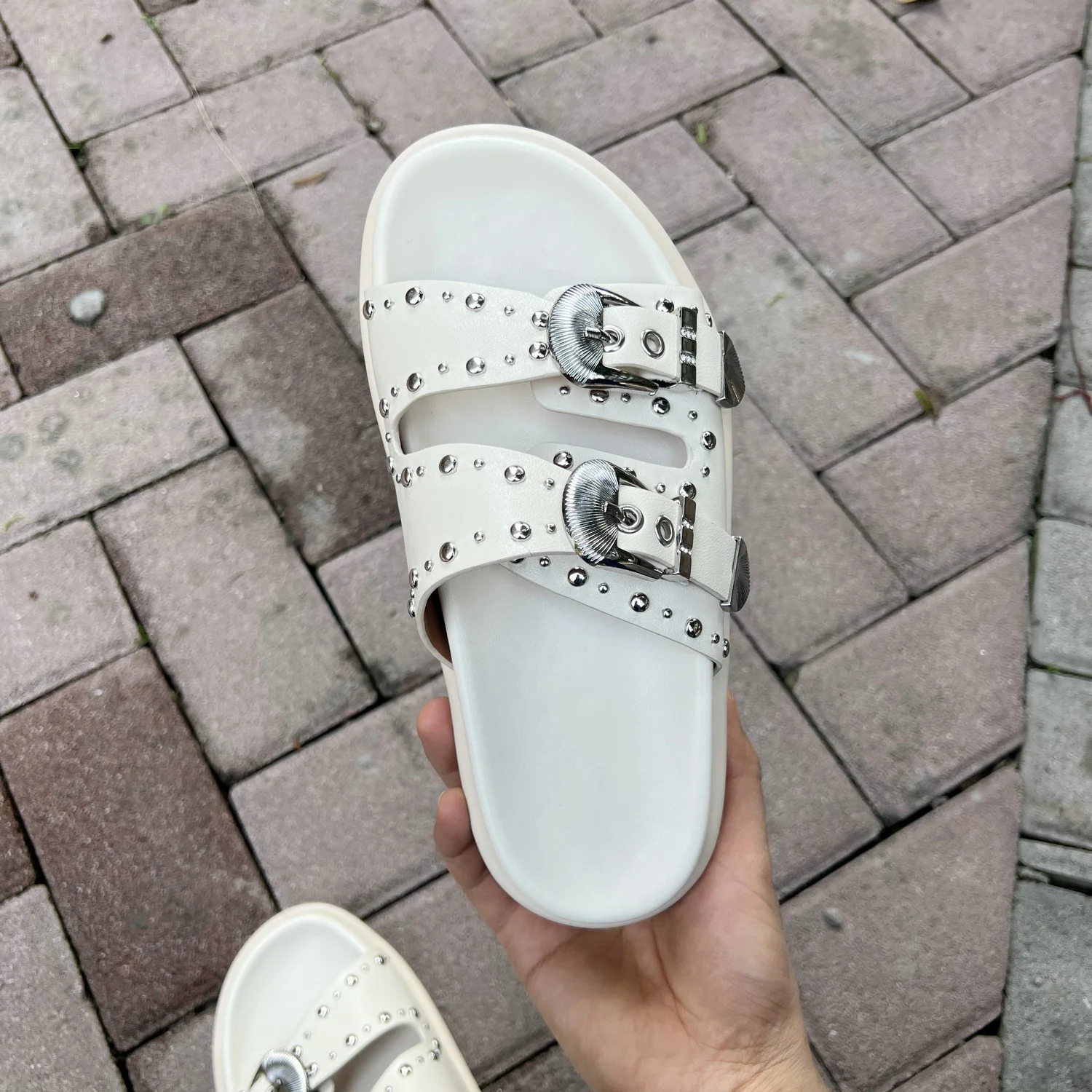 QUTAA 2023 Women Sandals Shoes Fashion Genuine Leather Low Heels Woman Round Toe Summer Casual Rivet Slippers Shoe Size 34-40