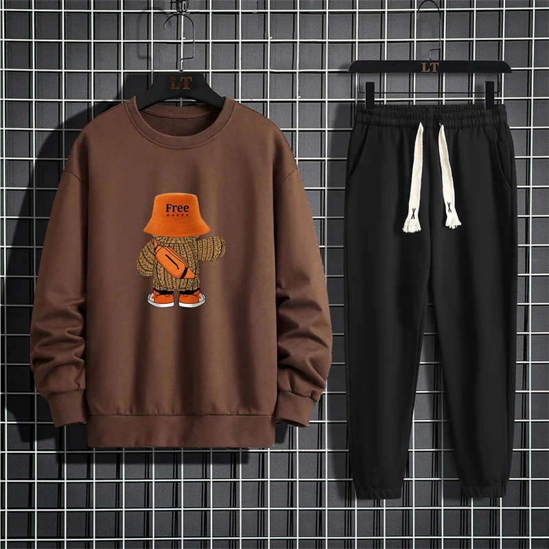 Spring and Autumn men\'s suit cartoon print round neck long sleeved loose sports shirt with casual sports pants two-piece set